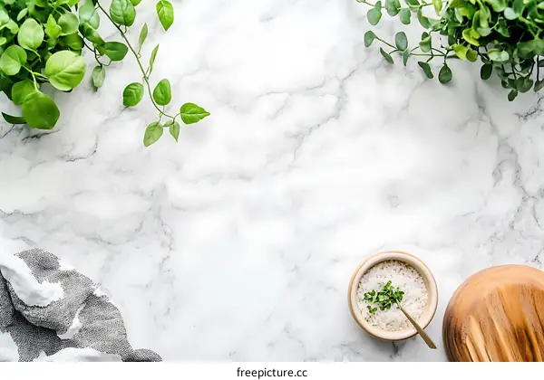 White Marble Background with Greenery and Salt