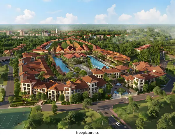 Aerial View of a Luxury Resort with a Pool and Lush Greenery