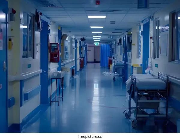 Hospital Corridor With Blue Walls And Empty Beds