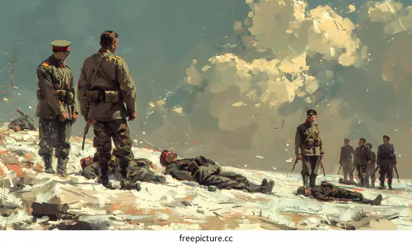 A group of soldiers standing in a snowy field, looking at the dead bodies of their comrades.