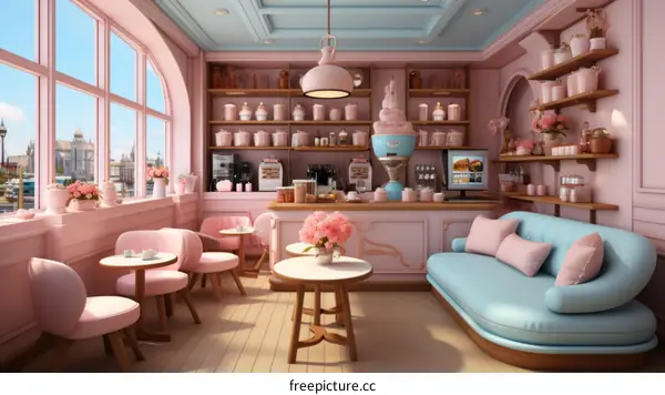 pink and blue pastel color scheme cafe interior design