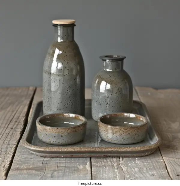 Gray Ceramic Bottles and Bowls on Wooden Tray