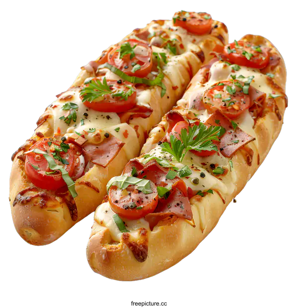 [Transparent Background PNG]Two delicious baguette pizzas with ham and vegetables