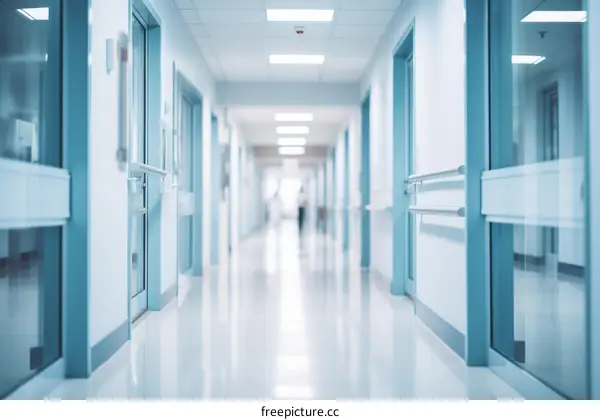 Hospital hallway with blue walls and doors