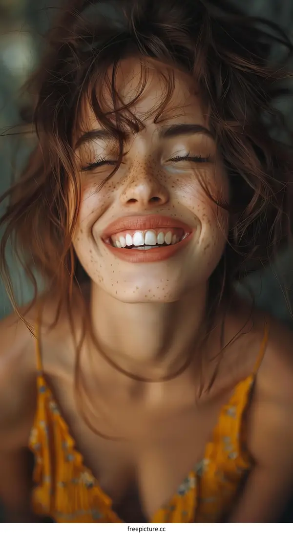 Portrait of a happy young woman with freckles and curly hair