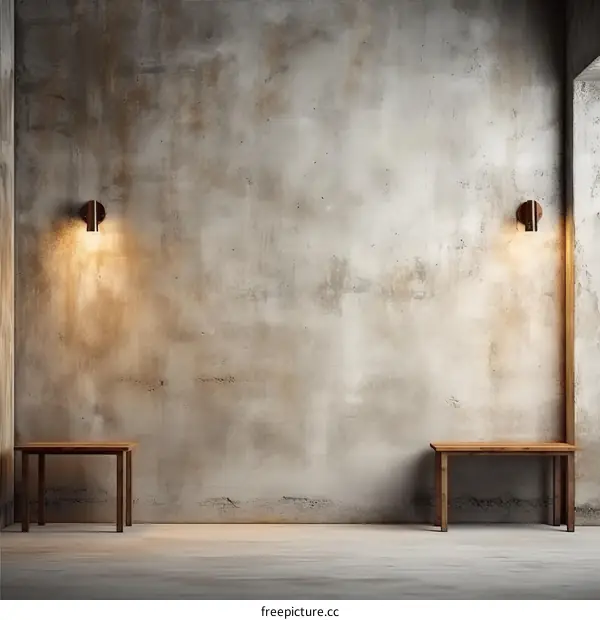 Two wooden benches sit in front of a concrete wall with two lights mounted on it.