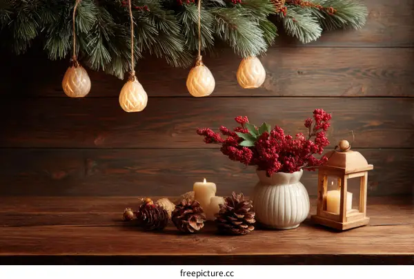 Christmas Decorations on Wooden Tabletop