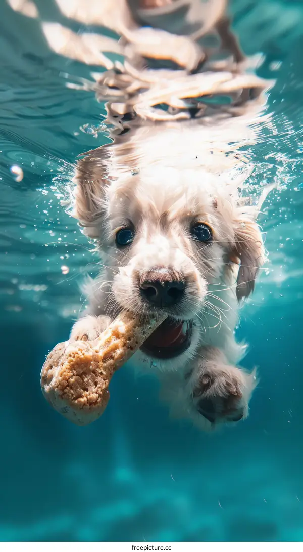 Golden Retriever Puppy Fetching Bone Underwater