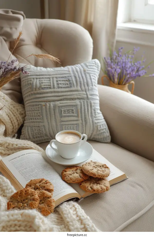 Cozy Beige Armchair with Book, Coffee, and Cookies
