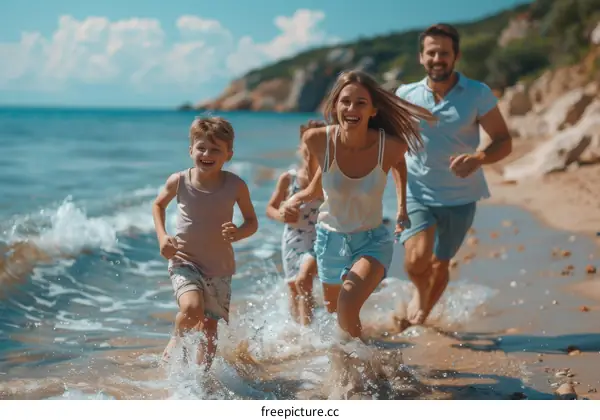 Family of four running on the beach