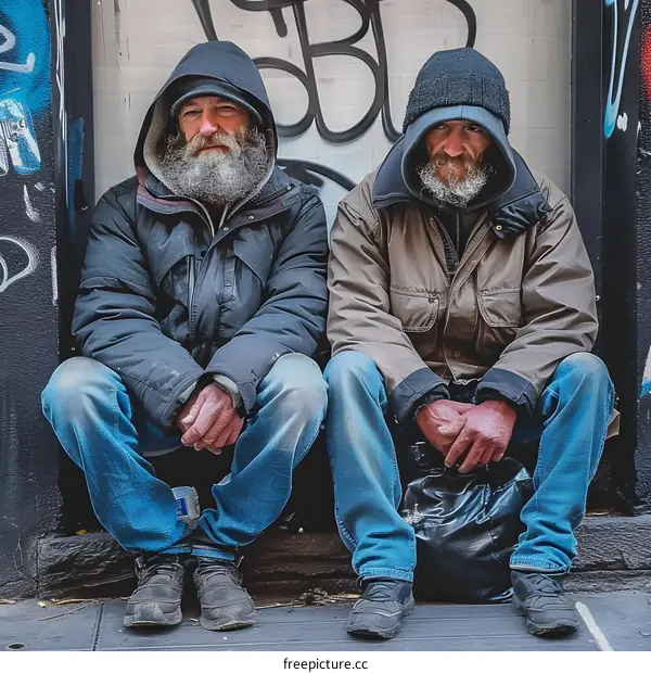 Two Homeless Men Sitting on a Street Corner in Winter