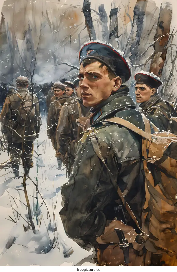 A group of soldiers in winter gear marching through a snowy forest.