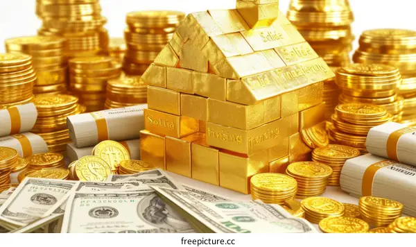 House made of gold sitting on a pile of money