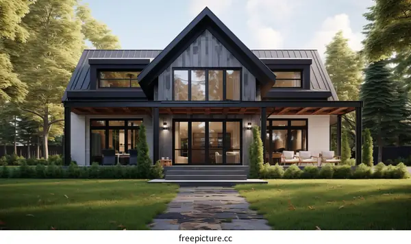 Modern Farmhouse Exterior Design with Black Trim and Large Windows