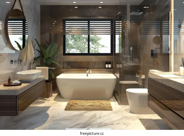 Luxury bathroom with marble tiles and freestanding bathtub