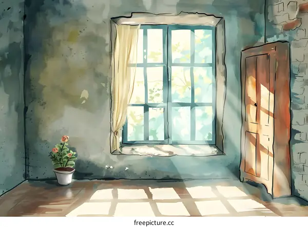 Watercolor Painting of a Room With a Window and a Door