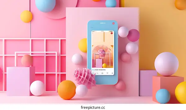 3D Rendered Scene with Colorful Balls and Phone with Social Media App