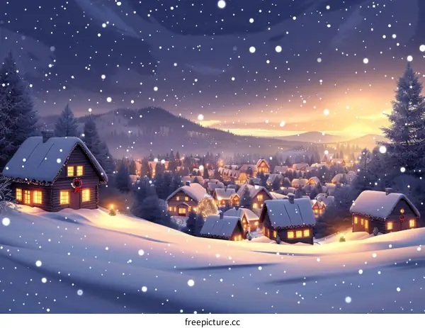 Snow-Covered Christmas Town at Night
