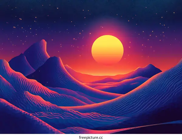 Abstract Landscape With Big Sun and Stars