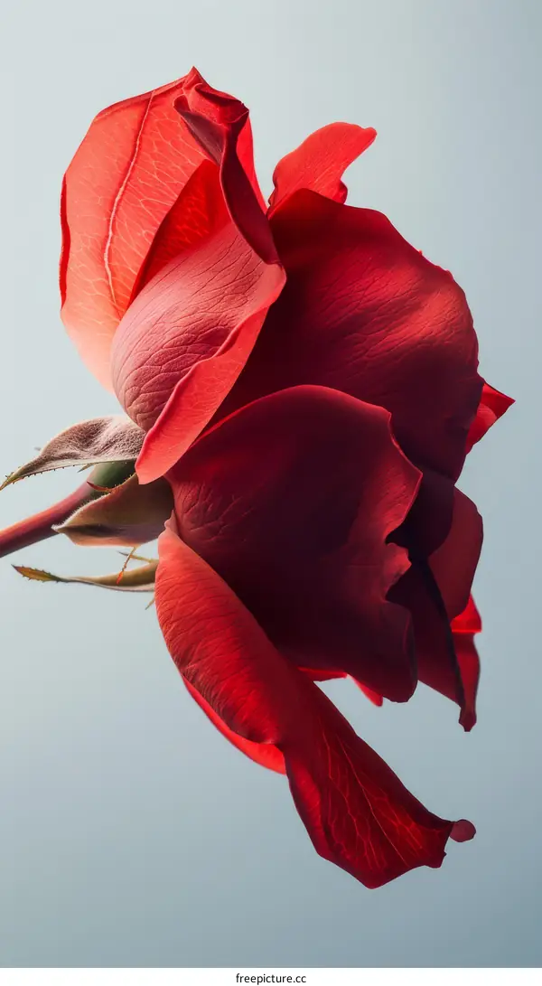 Single Red Rose in Full Bloom Against a Pale Blue Background