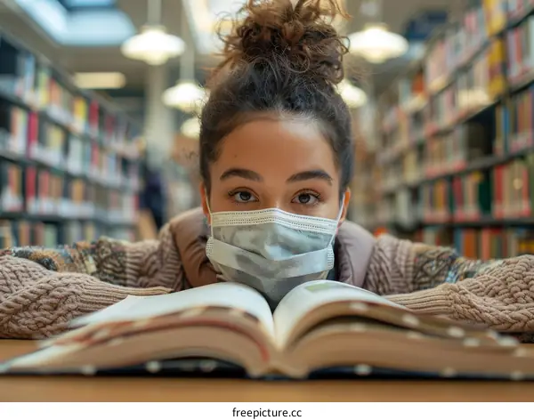 Young woman wearing a mask while reading a book in a library