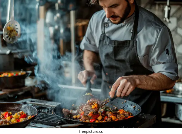Male chef cooking in a restaurant kitchen