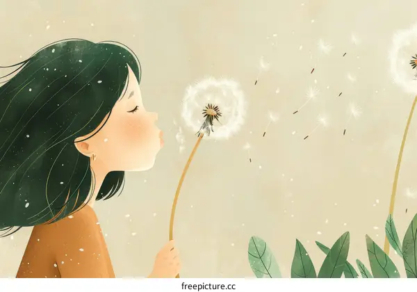 Girl Blowing Dandelion Seeds in Field