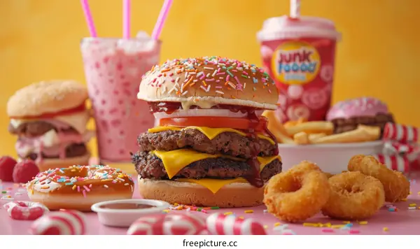 A delicious double cheeseburger with a side of fries and onion rings