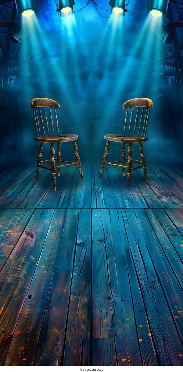 Two Chairs on a Wooden Stage with Spotlights