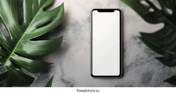 Smartphone Mockup with Monstera Leaves on a Grey Background