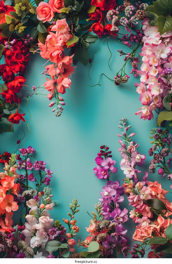 Colorful Floral Frame on a Teal Background