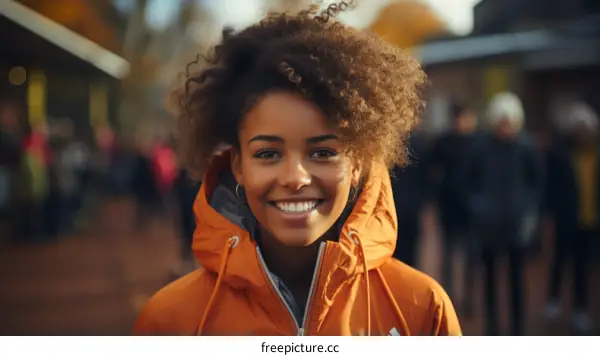 portrait of a smiling young woman with curly hair wearing an orange jacket