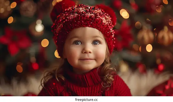 Little girl in red dress smiling in front of Christmas tree