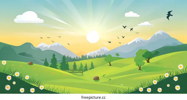 Sunrise Over Green Meadow with Mountain Range