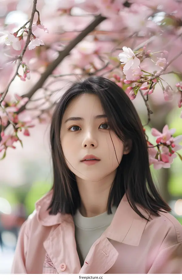 Young Asian Woman Standing Under Cherry Blossom Tree