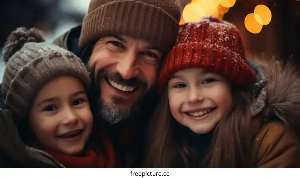 Happy family of three smiling together in the snow