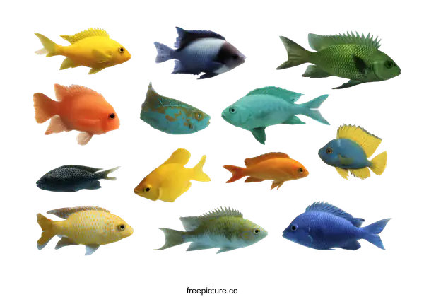 [Transparent Background PNG]Colorful Fish Collection Isolated on White Background