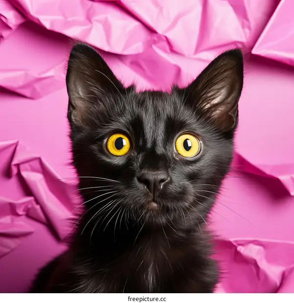 This curious black cat with wide yellow eyes looks up