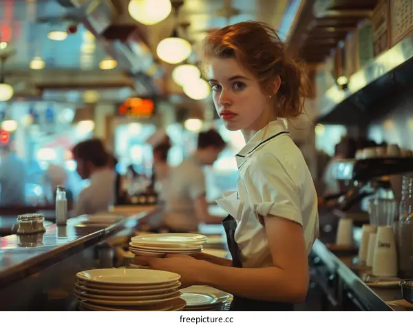 Portrait of a Young Waitress in a Diner