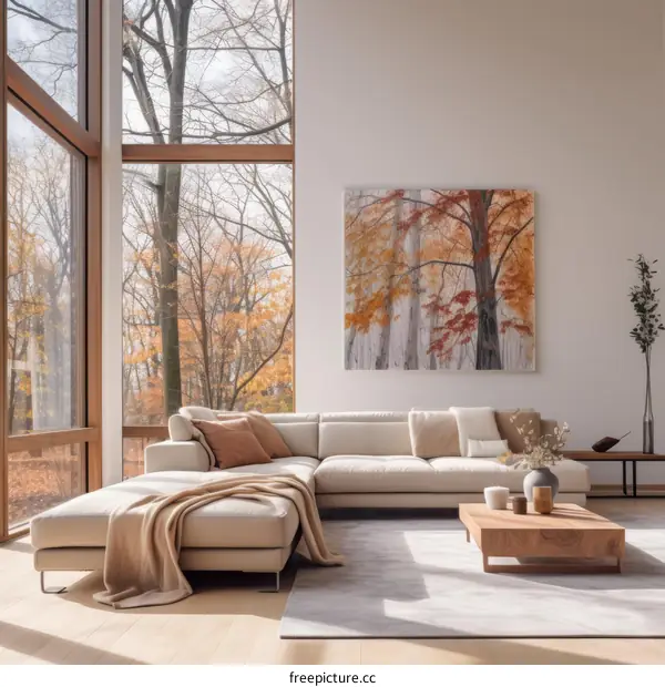 Modern living room with large windows overlooking autumn forest
