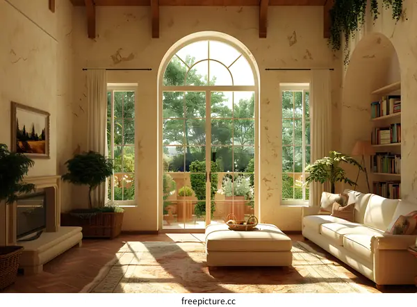 Sunlit Living Room with Large Windows and Arched Doorway