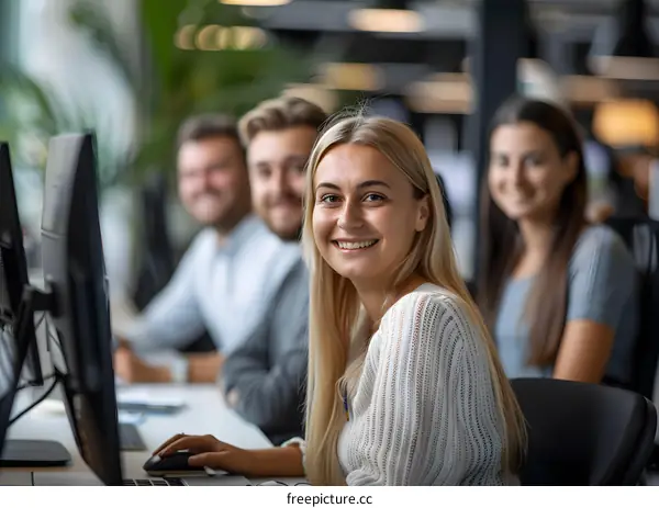 Portrait of a young businesswoman sitting in the office and looking at the camera and her colleagues in the background