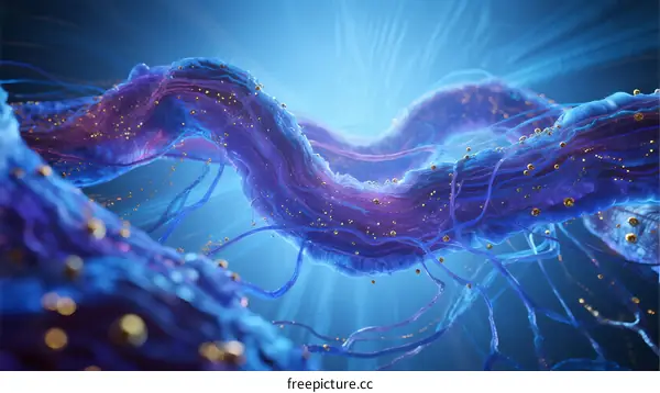 Close-up of colorful nerve fibers with glowing particles