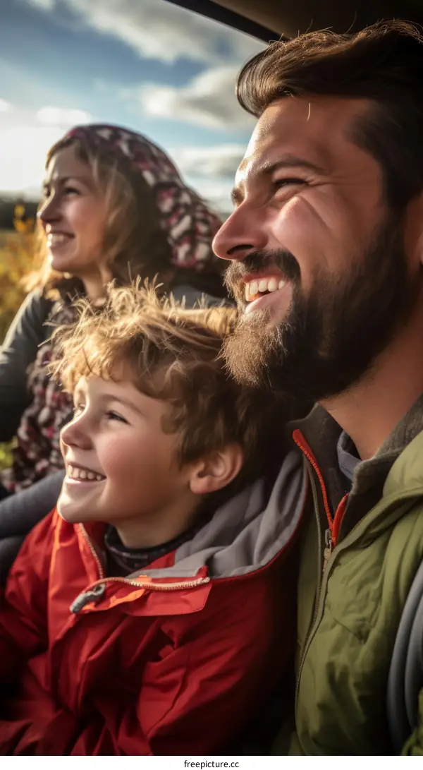 Happy family traveling by car