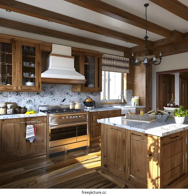 Rustic Kitchen Interior Design With Wooden Cabinets And Granite Countertops