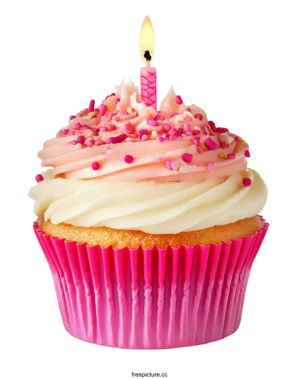 [Transparent Background PNG]Birthday Cupcake with Pink Candle and Sprinkles