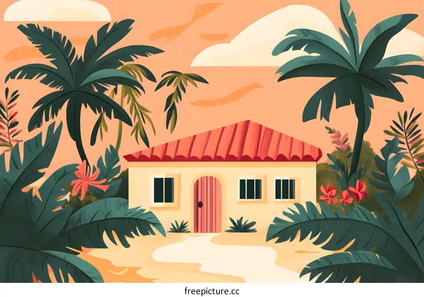 Tropical House Illustration with Palm Trees