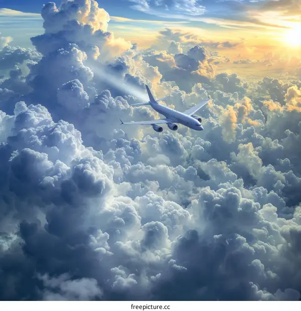 airplane flying above the clouds with a beautiful sunset in the background