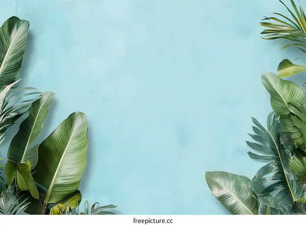 Tropical Leaves Background On Blue Wall
