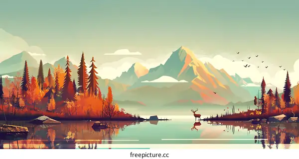 Autumn Mountain Lake with Deer Illustration